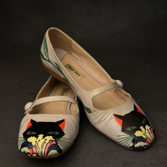 Miu Miu Cat Print Mary Jane Ballet Flats - Picture 2 of 4